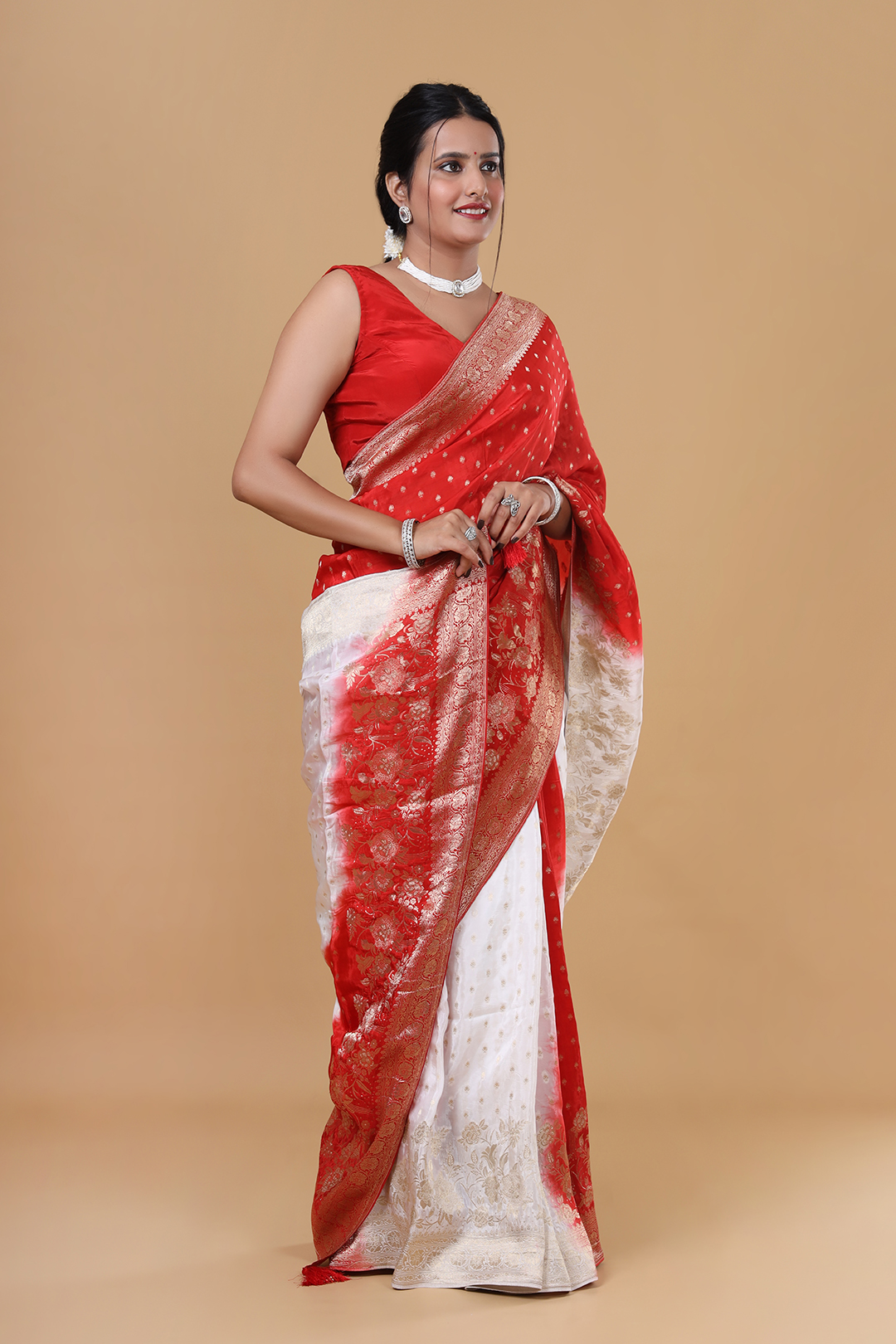 V Glame Red & White Double Colour H.O Fabric Saree